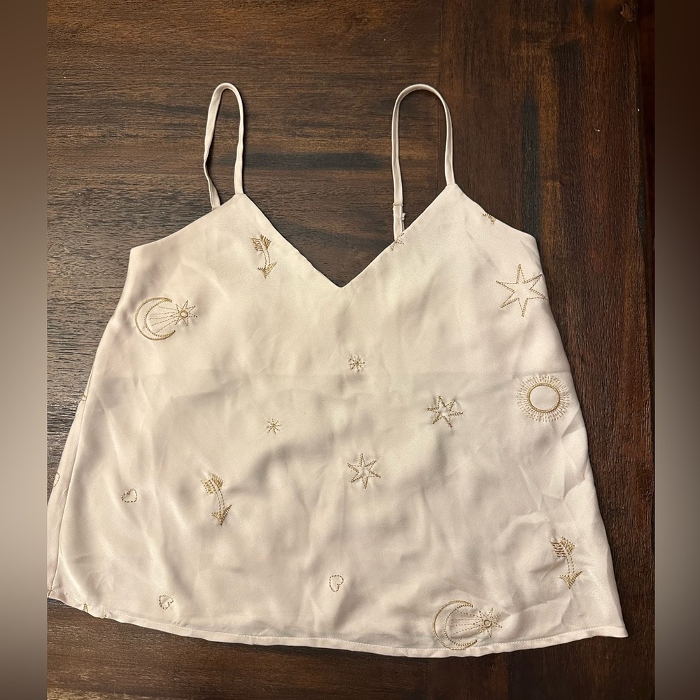 White Satin Tank with Gold embroidered stars